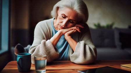 Sad senior woman sitting at the table in the living room at homeの素材