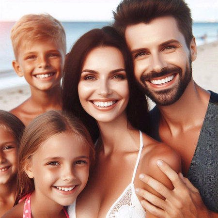 family, holidays, vacation and people concept - smiling mother, father and children on beachの素材
