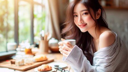 Portrait of beautiful Asian woman holding coffee cup and smiling in cafeの素材
