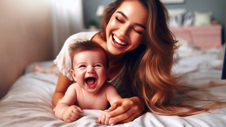 Happy mother and baby on bed at home. Motherhood concept.の素材