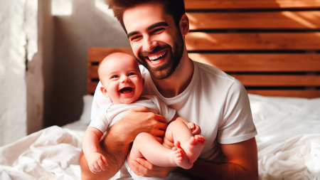 happy father with newborn baby in bed at home. fatherhood conceptの素材