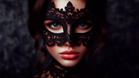 Portrait of a beautiful woman in black lace mask. Fashion shot.の素材