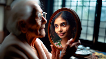 Elderly woman looking at her reflection in the mirror and smilingの素材