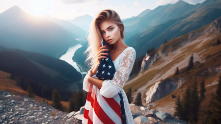 Beautiful young woman with an American flag in her hands on the background of the mountainsの素材