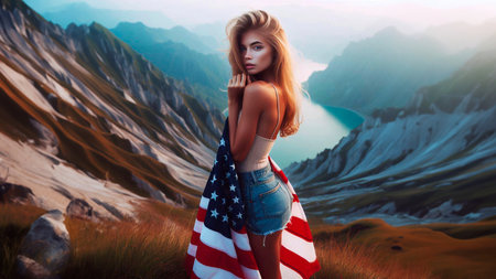 Beautiful young woman with an American flag on the background of mountainsの素材