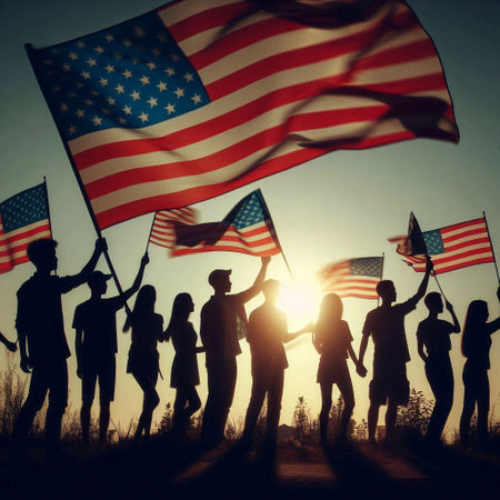 Silhouettes of a group of people with the American flag.の素材