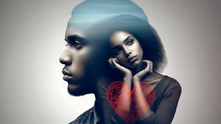 Portrait of a beautiful African American woman with red heartの素材