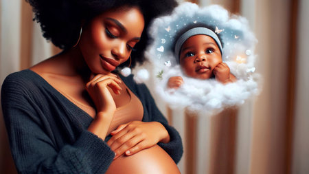 Beautiful african american pregnant woman with her little cute daughterの素材