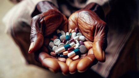 Close-up of a handful of pills in the hands of an elderly woman.の素材