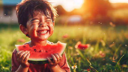 Cute little boy eating watermelon in the garden at sunset.の素材