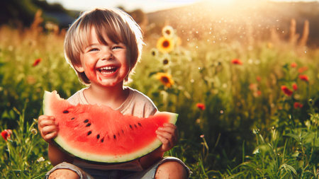 Happy little boy eating watermelon in summer field. Cute child having fun outdoor.の素材