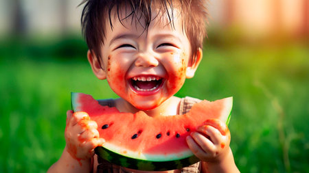 Cute little boy eating watermelon in the garden on a sunny dayの素材