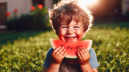 Cute little boy eating watermelon on the grass in the gardenの素材