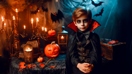 Little boy in halloween costume on dark background with pumpkins.の素材