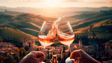 Wine tasting in Langhe, Piedmont, Italy. Two wineglasses with red and rose wine on terraced vineyards in spring.の素材