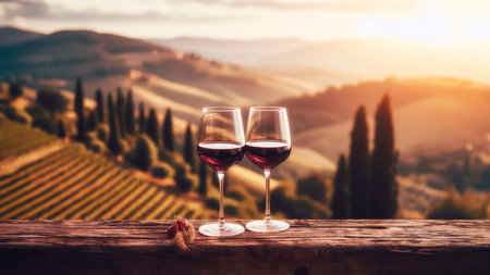 Two glasses of red wine on vineyard in Tuscany, Italyの素材