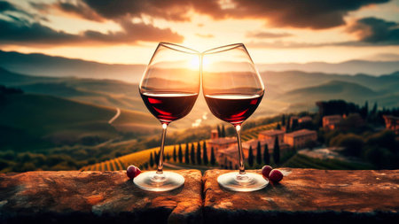 Two glasses of red wine on vineyard at sunset, Tuscany, Italyの素材