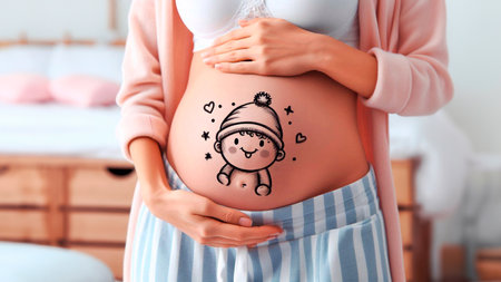 Pregnant woman with drawing of baby on belly, closeupの素材