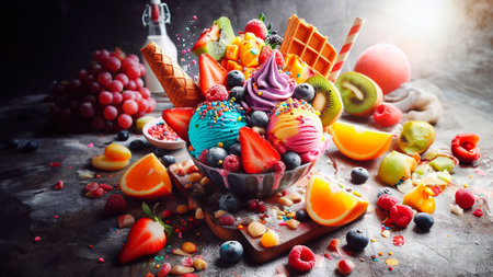 Ice cream with fruits, berries and nuts on a dark background.の素材