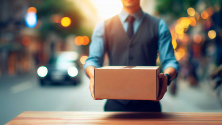 Delivery man holding a parcel box in his hand. Close up.の素材