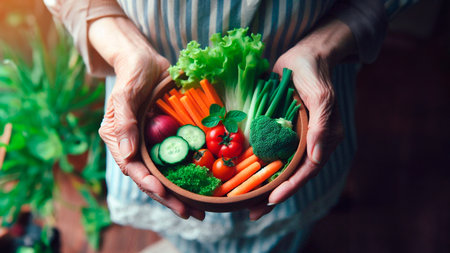 Hands of senior woman holding bowl with fresh vegetables. Healthy eating conceptの素材