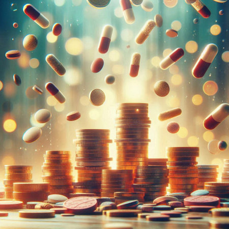 Coins and pills on the background of a golden bokeh.の素材