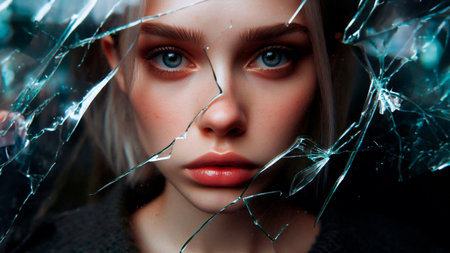 Close-up portrait of a beautiful young woman with broken glass.の素材