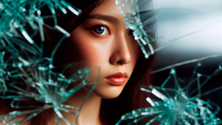 Portrait of a beautiful young Asian woman with broken glass.の素材