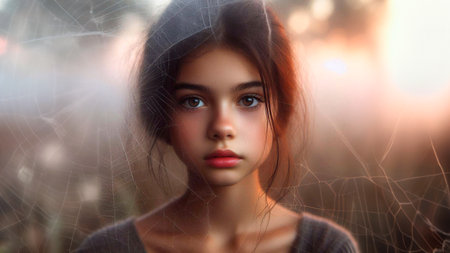 Portrait of a beautiful girl with spider web on the background.の素材