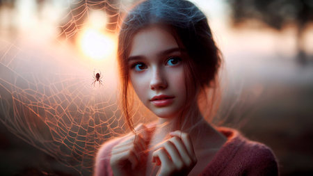 Beautiful girl with spider in the forest at sunset. Halloween concept.の素材