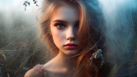 Close-up portrait of a beautiful girl with long hair in the fieldの素材