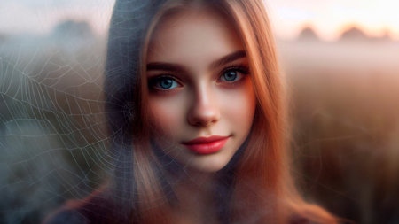 Close-up portrait of a beautiful girl in a spider web.の素材