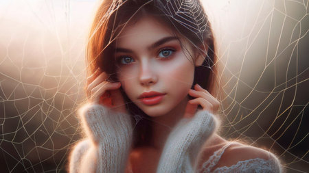 beautiful young woman in a white knitted scarf on the background of a spider webの素材