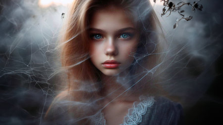beautiful young woman with spider web on her head, fantasy portraitの素材