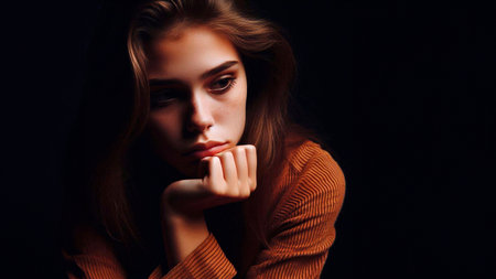 Portrait of a beautiful young woman in a red sweater on a black backgroundの素材