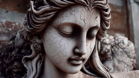 Close-up of sculpture of a woman's face with cracked skin.の素材