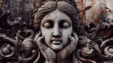 Sculpture on the wall of the temple in Thailand.の素材