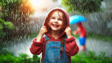 Cute little girl playing in the rain. Happy child having fun outdoors.の素材