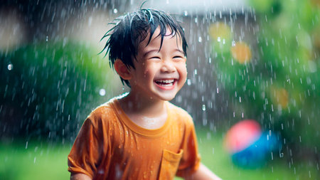 Happy asian boy playing under the rain in the garden at homeの素材