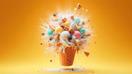 Ice cream in waffle cone on orange background with copy space.の素材
