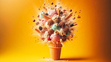 Ice cream waffle cone with colorful ice cream on orange background.の素材