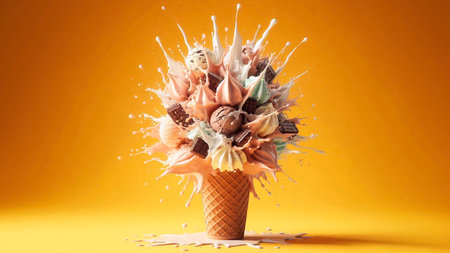 Ice cream in waffle cone with splashes and drops on orange backgroundの素材
