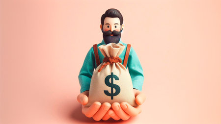 doll and bag of money on a pink background with copy spaceの素材