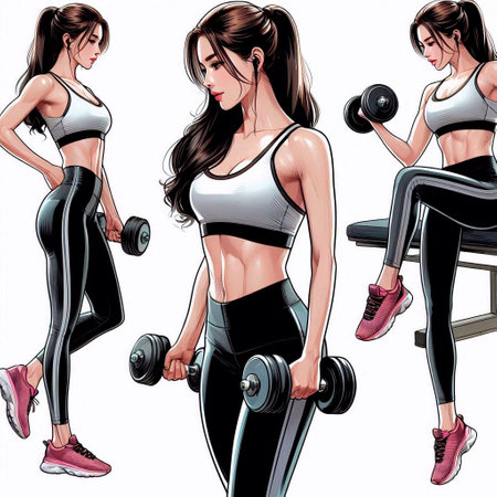 Fitness girl with dumbbells. Vector illustration in cartoon style.の素材
