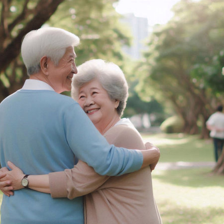 Happy asian senior couple hugging in the park. Retirement concept.の素材