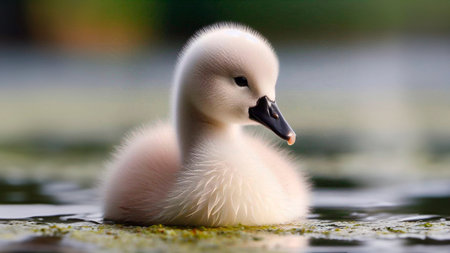 Young white swan swimming in the lake. Close-up.の素材
