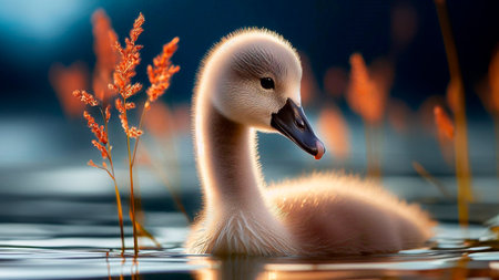 Beautiful young swan swimming on a lake in the evening.の素材