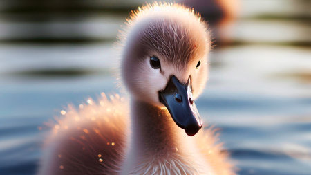 Close-up of a beautiful young swan swimming in the waterの素材