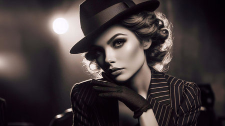 Retro style portrait of a beautiful young woman in a hat and gloves.の素材