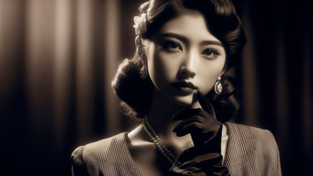 Portrait of a beautiful woman with classic hairstyle. Retro style.の素材